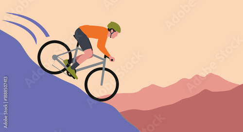 Cyclist riding down a steep mountain slope with a scenic landscape.