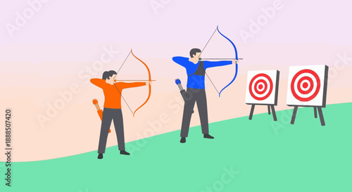 Two men practicing archery together on a green field.