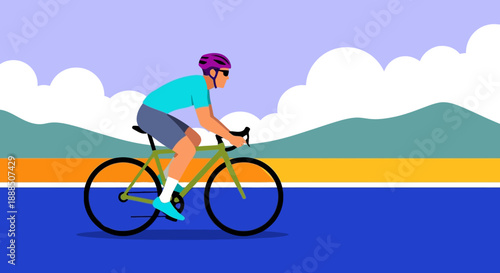 Cyclist riding a bicycle on a road with mountains in the background.