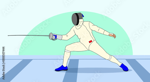 Fencer in action wearing protective gear and uniform.