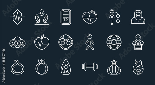 Set of linear fitness and wellness icons on dark background