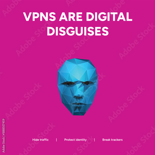 VPN digital disguise concept with a blue low-poly geometric face mask for privacy on a magenta background
