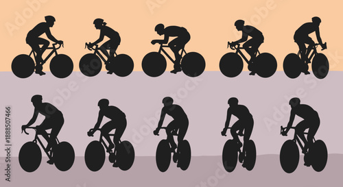 Cyclists riding bicycles in various positions against gradient background.