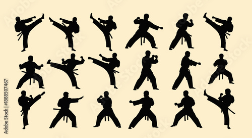Collection of Martial Arts Silhouettes in Various Fighting Stances.