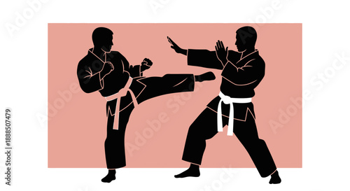 Two martial artists engaging in a kickboxing match with dynamic kicks.