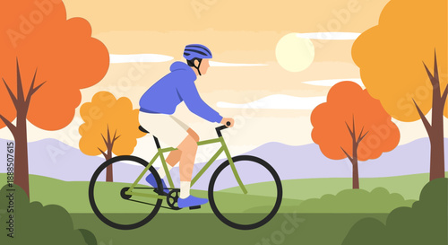 Man Riding Bicycle in Autumn Landscape at Sunset.