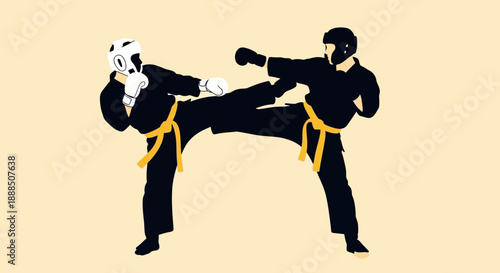 Two martial artists engaging in a dynamic kickboxing match.