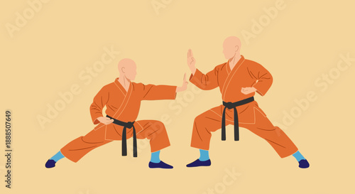 Two martial artists in orange uniforms practicing karate.