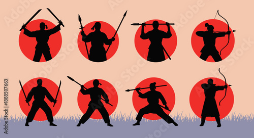 Silhouettes of archers in various poses against red circles.