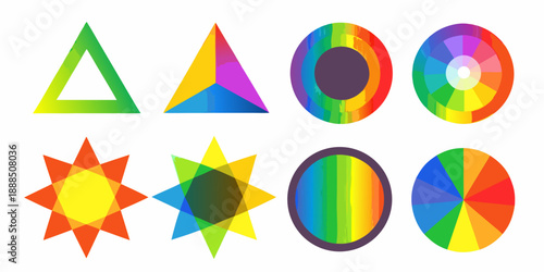 Colorful geometric shapes including triangles circles and starbursts are displayed