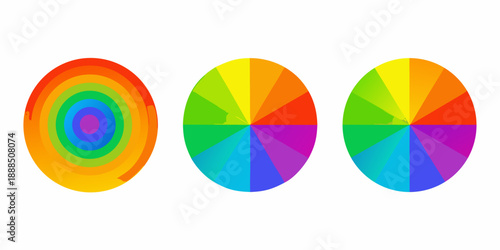 Three colorful circular diagrams displaying variations in color spectrum arrangement