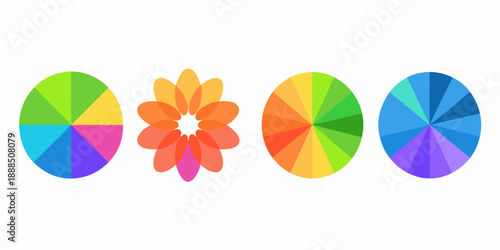 Four colorful circular designs arranged horizontally featuring rainbow gradients