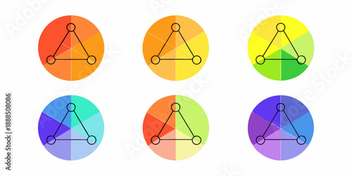 Six colorful circles each containing a black triangle with connected points