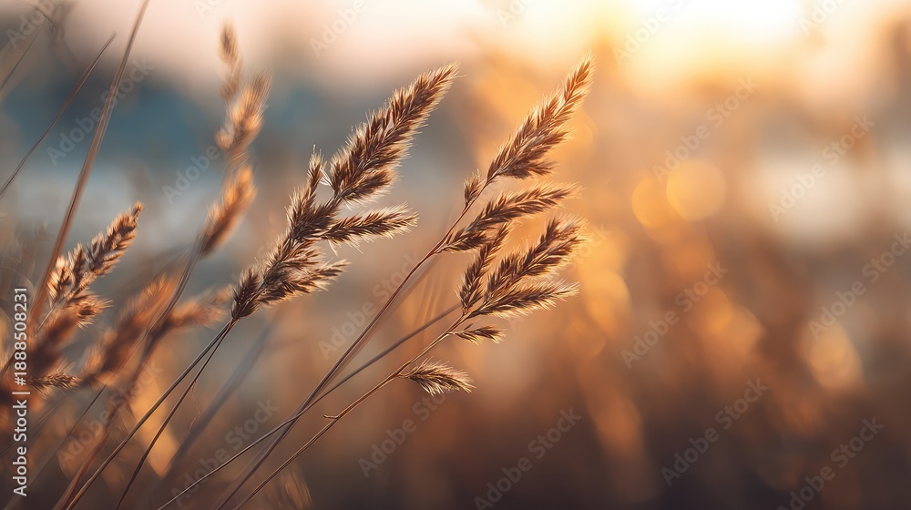 Obraz premium Golden grasses swaying gently in warm sunlight with a soft bokeh background creating a tranquil and serene nature atmosphere ideal for relaxation or meditation themes.