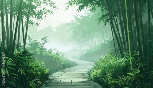 Misty bamboo forest pathway creating peaceful zen atmosphere. Soft green woodland trail surrounded by tranquil bamboo. Calm foggy garden path through serene bamboo grove