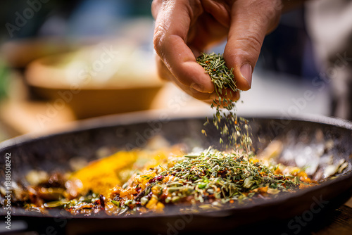 Chef adds herbs to a pan during a cooking session in a kitchen