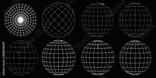 Eight elliptical shapes with grid lines against a black background