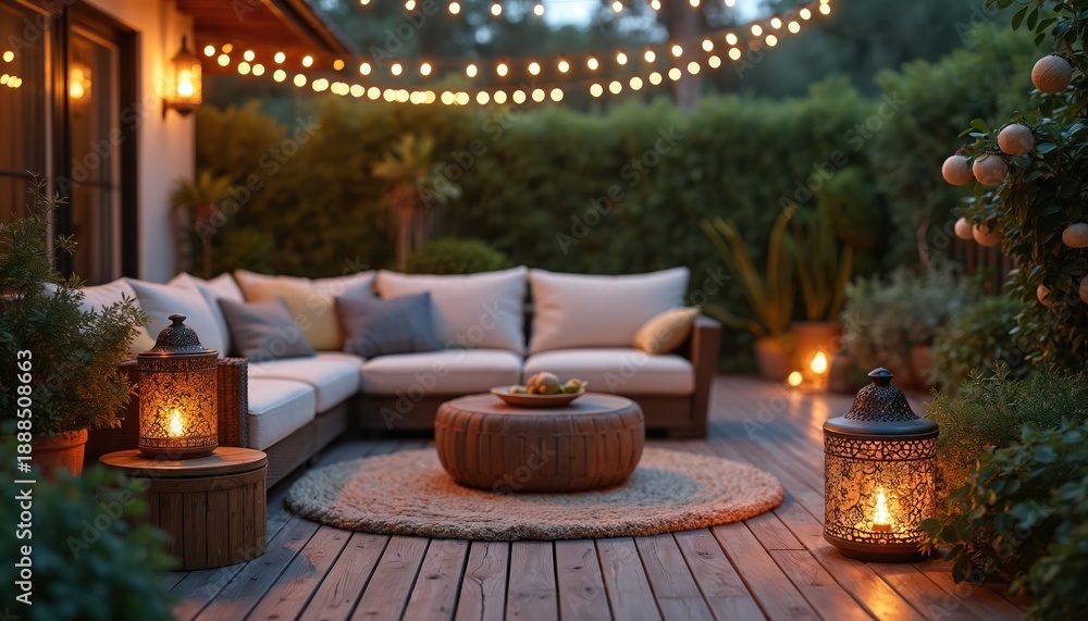 Obraz premium Cozy patio at dusk with sectional sofa comfortable cushions, string lights. Ornate lanterns glow casting warm light on wooden deck. Green plants, fruit trees surround relaxing outdoor living space.