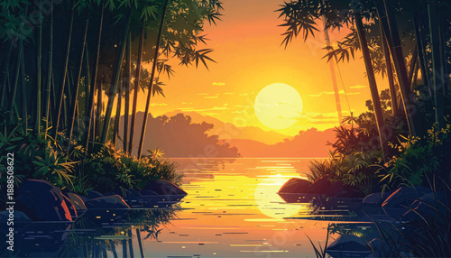Balanced bamboo river framing radiant sun at sunset. Symmetric tropical forest water reflecting golden horizon. Harmonious jungle river scene with centered evening sunlight