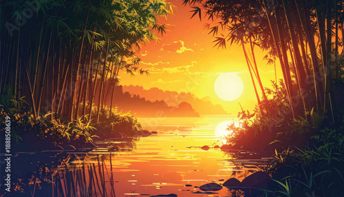 Deep sunset glow surrounding bamboo forest river passage. Cinematic jungle waterway bathed in golden evening light. Magical tropical dusk reflecting across tranquil forest stream