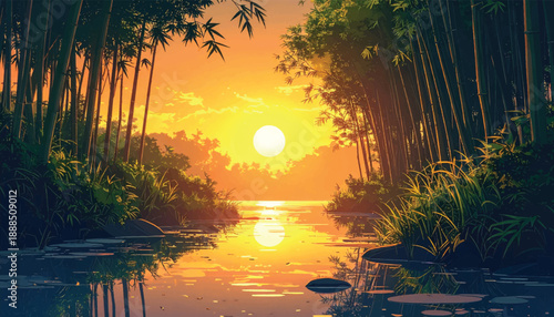 Golden sunset river flowing through tranquil bamboo forest. Warm evening sunlight reflecting across peaceful jungle stream. Serene tropical river at dusk surrounded by bamboo silhouettes