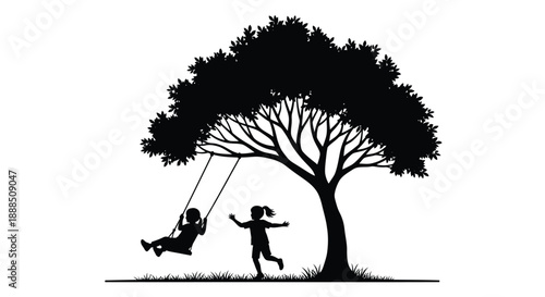 A serene scene depicts children playing beneath a large tree captured in a striking black silhouette high quality professional detailed modern