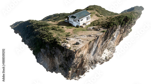Isolated white house perched precariously atop a massive, sheer cliff face exhibiting geological stratification against a dark void background representing isolation.