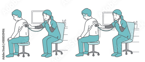 スクラブを着用した女性医療従事者による男性の背中の聴診イラストセット（正常・異常/体調不良）