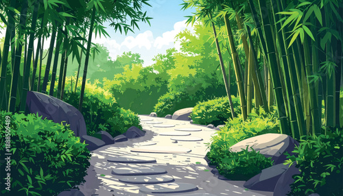 Open bamboo pathway leading into bright peaceful greenery. Inviting forest trail with sunlight and vibrant leaves. Fresh nature walkway surrounded by young bamboo plants