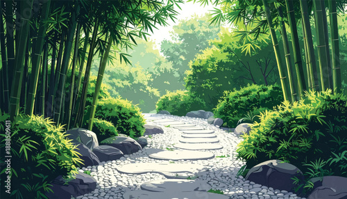 Curving stone trail winding gently through dense bamboo forest. Tranquil woodland path designed for meditation relaxation. Calm bamboo landscape with smooth stones and green shadows