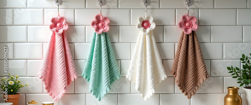 Collection of four colorful soft hand towels with crocheted flower hangers hanging on white tiled wall