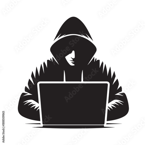 Anonymous Hacker Using Laptop Silhouette Illustration