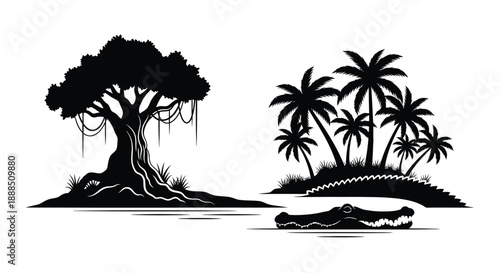 A striking black and white illustration depicts a tropical island scene with trees a crocodile and a canoe silhouette high quality