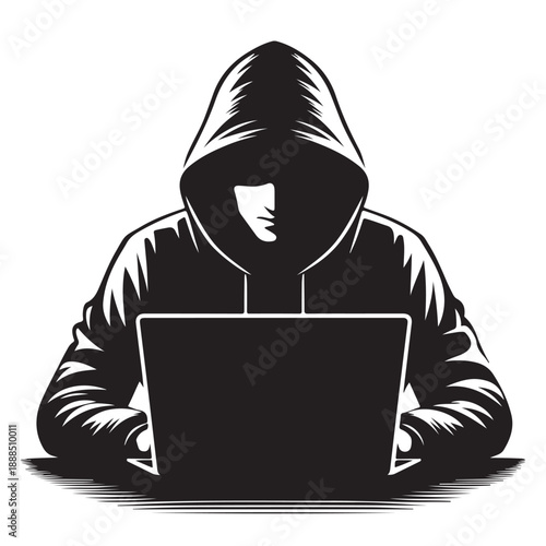 Anonymous Hacker Using Laptop Silhouette Illustration