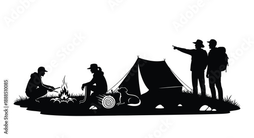 A group enjoys outdoor activities like camping hiking and a campfire depicted in a striking black silhouette high quality professional detailed