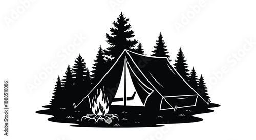 A striking black and white image depicts a tent nestled amongst pine trees with a campfire a bold silhouette high quality