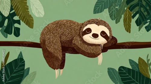 Lazy Days of a Sloth: A charming sloth hangs serenely on a tree branch, embodying the tranquility of a leisurely life amidst a vibrant, green forest setting.