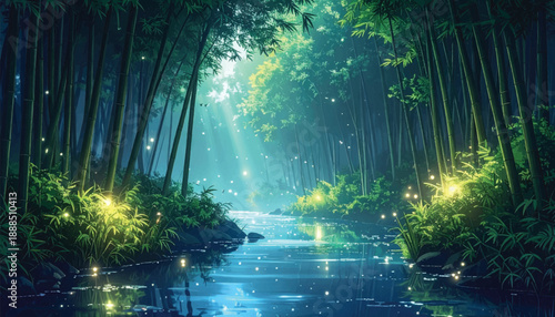 Deep bamboo forest illuminated by fireflies above calm stream. Mystical green woodland glowing with magical night lights. Fantasy forest river surrounded by luminous bamboo