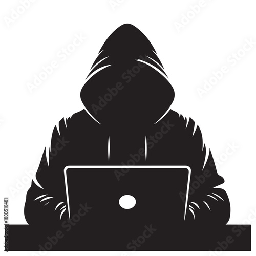 Anonymous Hacker Using Laptop Silhouette Illustration