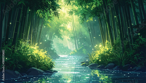 fireflies, nightglow, deepforest, bamboowoods, mysticalnight, glowingdots, fantasyforest, calmriver, waterreflection, magicalnight, enchantednature, peacefulnight, serenitymood, dreamynature, illustra