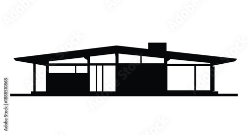 A striking black silhouette depicts a mid century modern style home with clean lines and a prominent chimney silhouette high quality professional