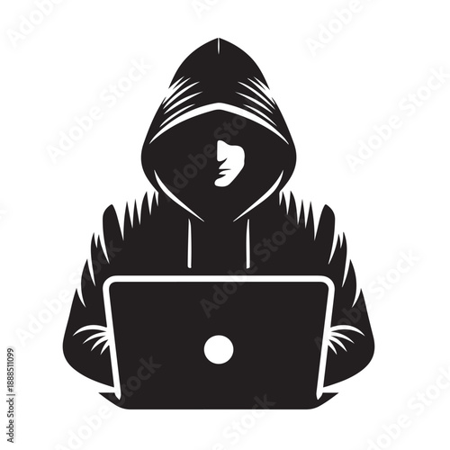 Anonymous Hacker Using Laptop Silhouette Illustration
