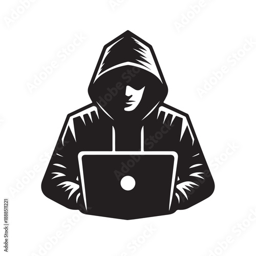 Anonymous Hacker Using Laptop Silhouette Illustration