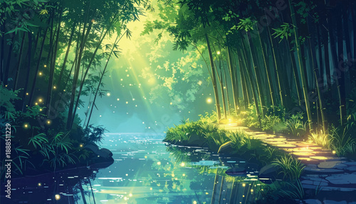 Sunlit bamboo grove with radiant beams and floating lights. Mystical forest river illuminated by golden morning rays. Peaceful fantasy landscape featuring glowing bamboo shadows