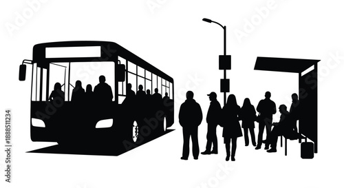 A black silhouette depicts a crowded bus stop scene with passengers waiting and boarding showcasing urban transit silhouette high quality professional
