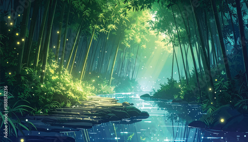 Enchanted bamboo forest glowing beside mystical flowing stream. Fantasy woodland scene illuminated by soft light reflections. Dreamlike jungle pathway with sparkling water atmosphere