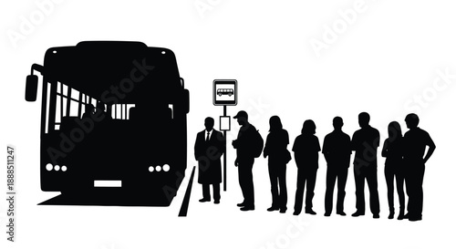 A black silhouette of a bus stopping at a bus stop with a group of people waiting nearby silhouette high quality