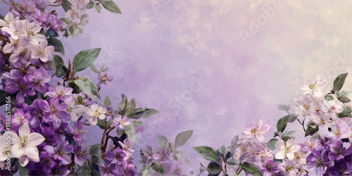 Delicate purple and white blossoms on soft pastel background