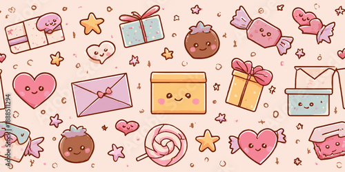 A delightful pattern featuring cute cartoon-style gifts, sweets, and hearts on a pastel background.