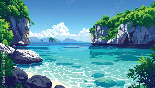 Shallow tropical waters between lush cliffs under clear sky. Calm island inlet illustration with transparent blue ocean. Peaceful coastal opening showcasing pristine sea clarity